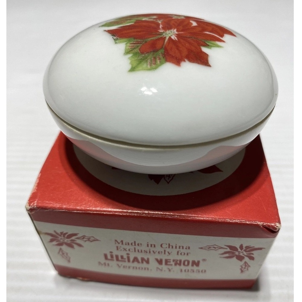 Lillian Vernon VTG Poinsettia Porcelain Trinket Box Round Holiday Jewelry Box